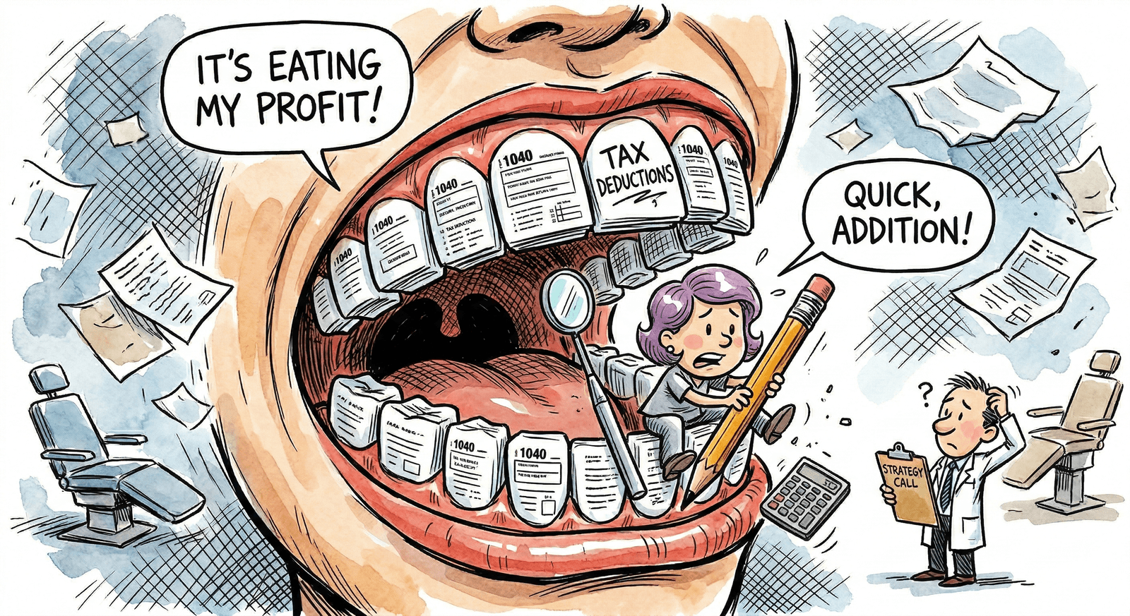Cartoon of a giant mouth with 1040 tax forms for teeth eating a dentist's profits, while a tiny accountant inside tries to calculate deductions and a confused dentist holds a Strategy Call clipboard